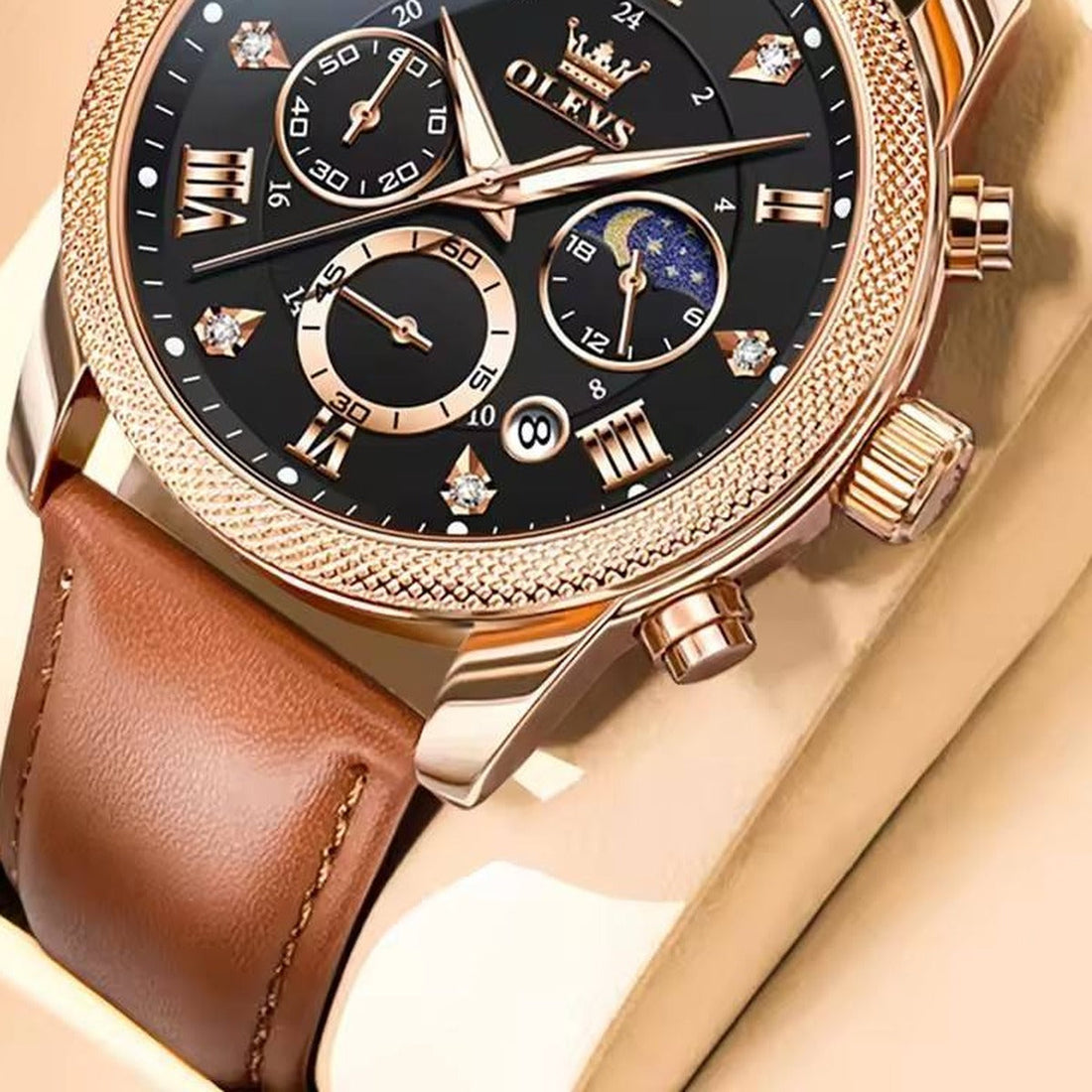 Montre OLEVS 3660 — boîtier or rose, cadran noir, bracelet cuir brun