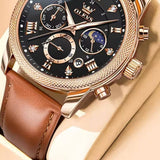 Montre OLEVS 3660 — boîtier or rose, cadran noir, bracelet cuir brun