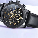 Montre OLEVS 3660 — boîtier noir, bracelet cuir noir