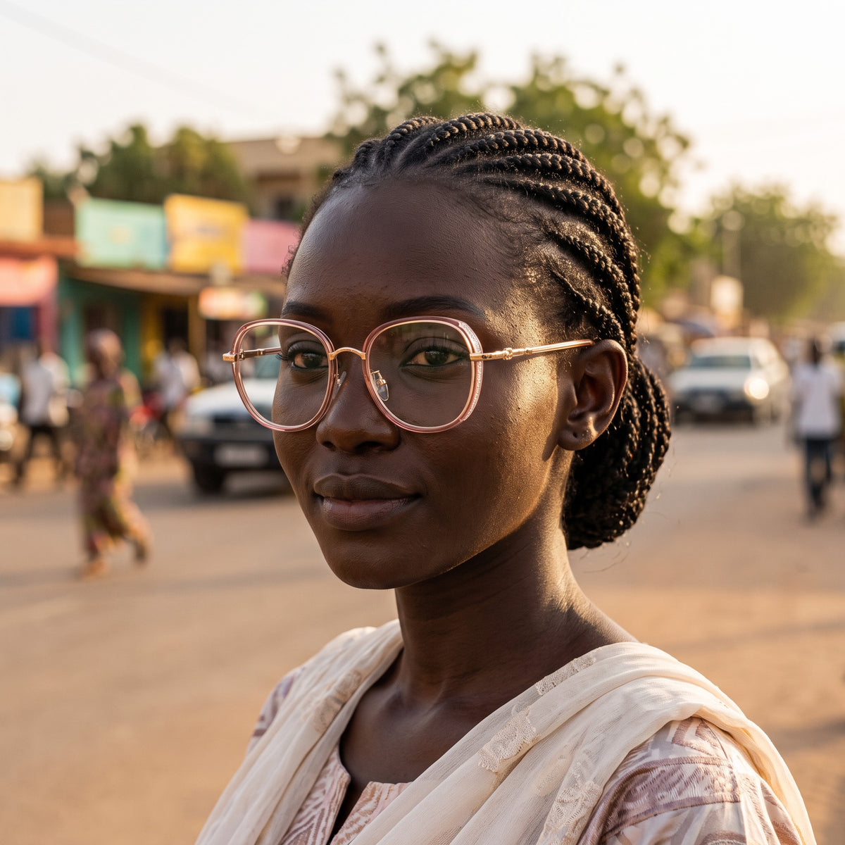 Lunettes rondes rose et doré (femme) – portées par un mannequin (vue A)