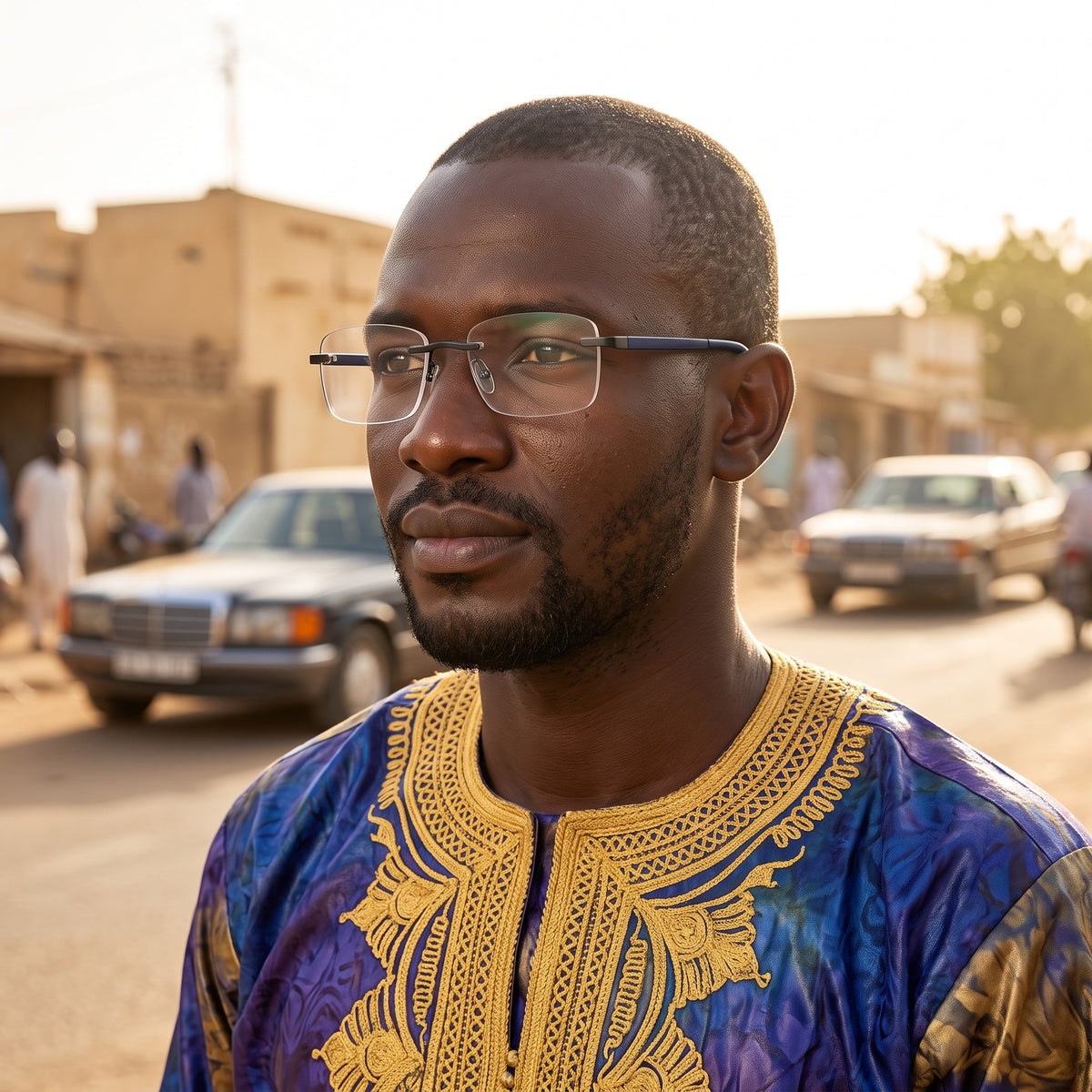 Lunettes sans monture, branches bleu marine – portées par un mannequin (vue A)