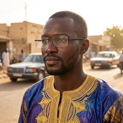 Lunettes sans monture, branches bleu marine – portées par un mannequin (vue A)