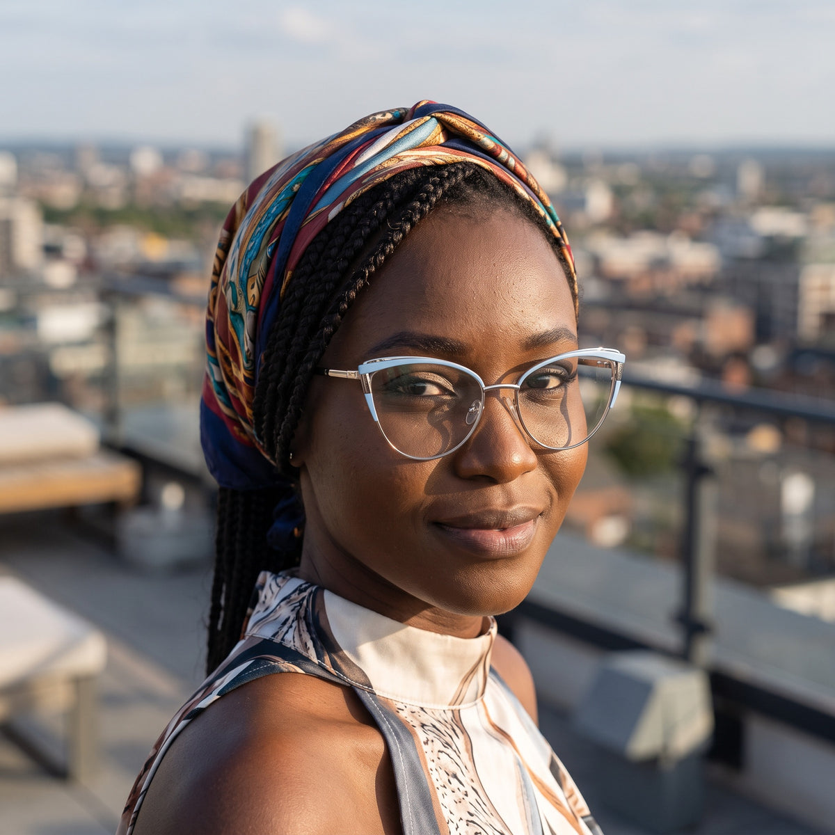Lunettes œil de chat bleu ciel et argent (femme) – portées par un mannequin (vue B)