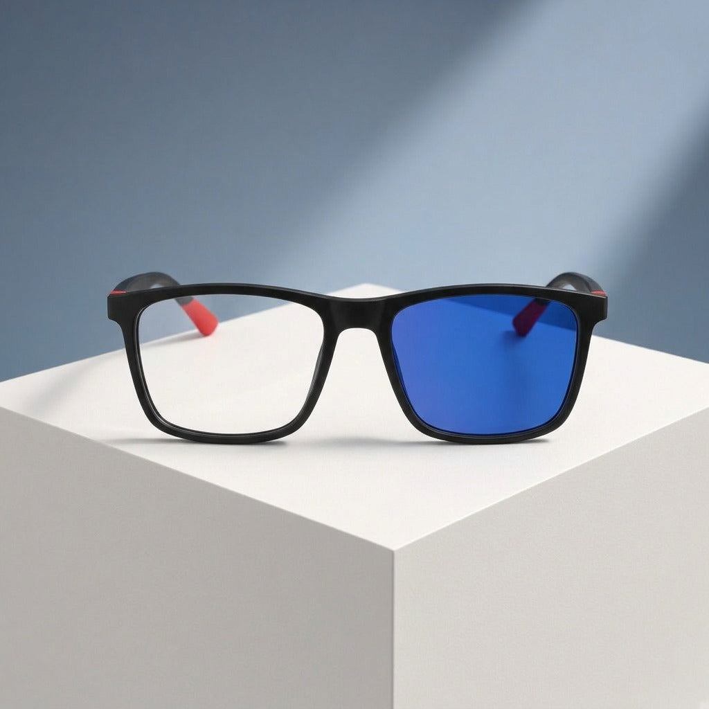 Lunettes rectangulaires sport noir et rouge – vue de face