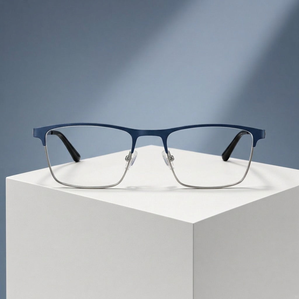 Lunettes browline métal bleu marine et argent – vue de face