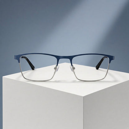 Lunettes browline métal bleu marine et argent – vue de face