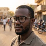 Lunettes carrées noires, branches argent ouvragé – portées par un mannequin (vue A)