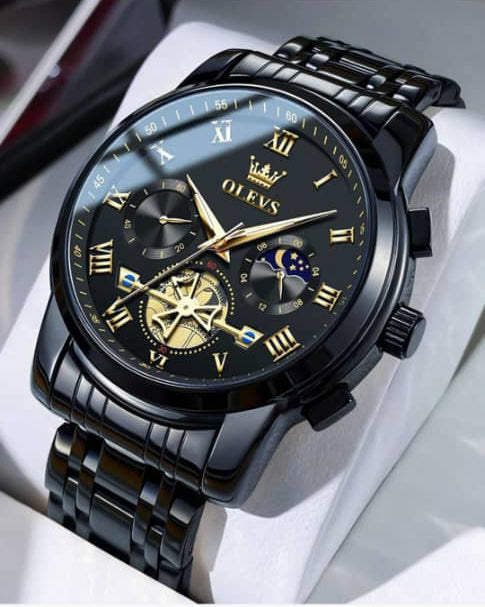 Montre OLEVS noire et dorée à détails ajourés