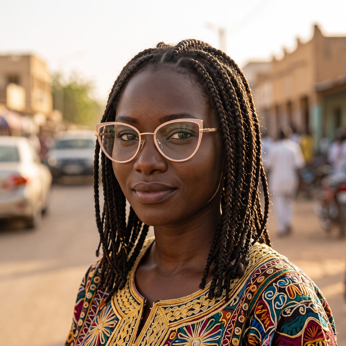 Lunettes œil de chat rose et doré (femme) – portées par un mannequin (vue A)