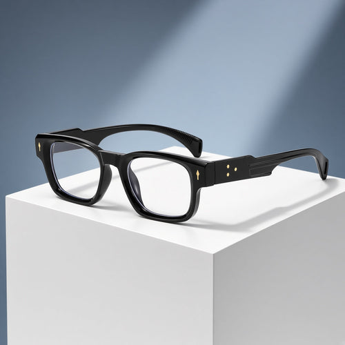 Lunettes noires carrées arrondies, rivets dorés – vue 1