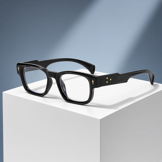 Lunettes noires carrées arrondies, rivets dorés – vue 1