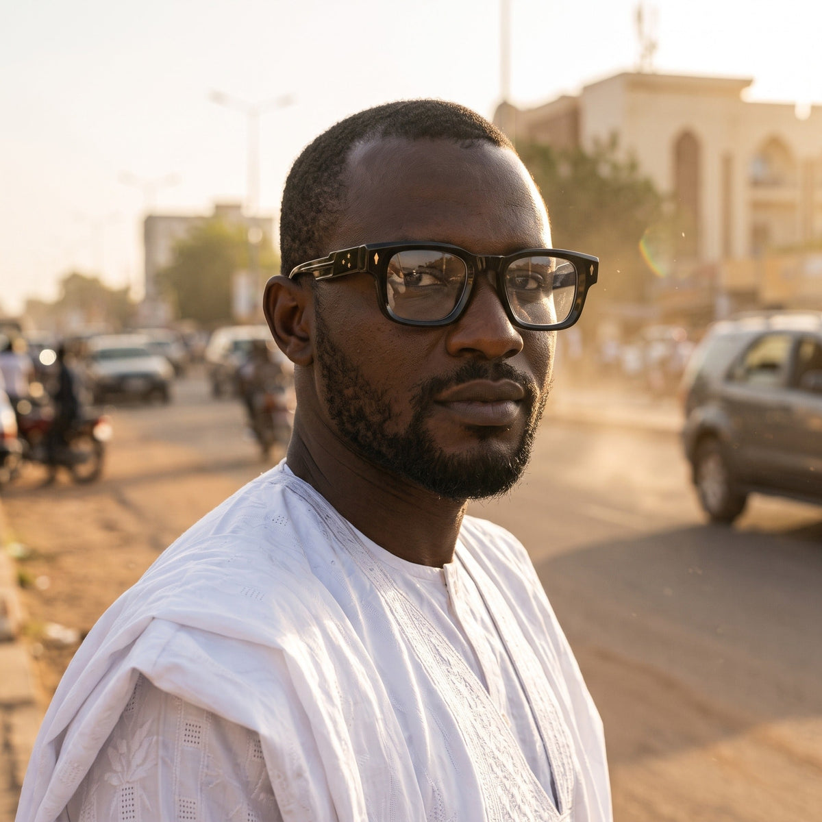 Lunettes noires carrées arrondies, rivets dorés – portées par un mannequin (vue A)