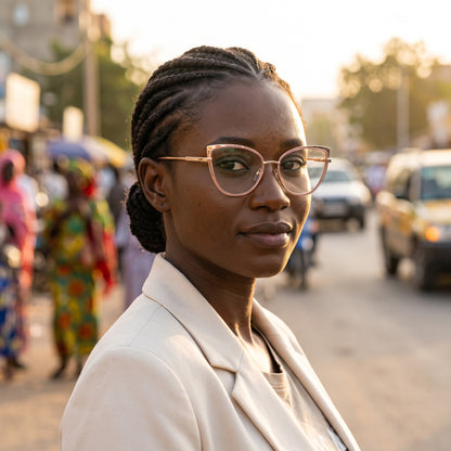 Lunettes œil de chat rose et doré (femme) – portées par un mannequin (vue A)