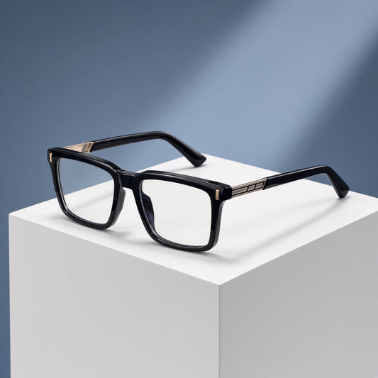 Lunettes rectangulaires noires, charnières dorées – vue 1