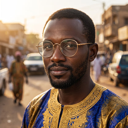 Lunettes rondes en métal doré – portées par un mannequin (vue A)