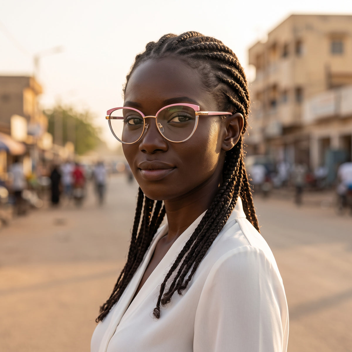 Lunettes browline rose et doré (femme) – portées par un mannequin (vue A)