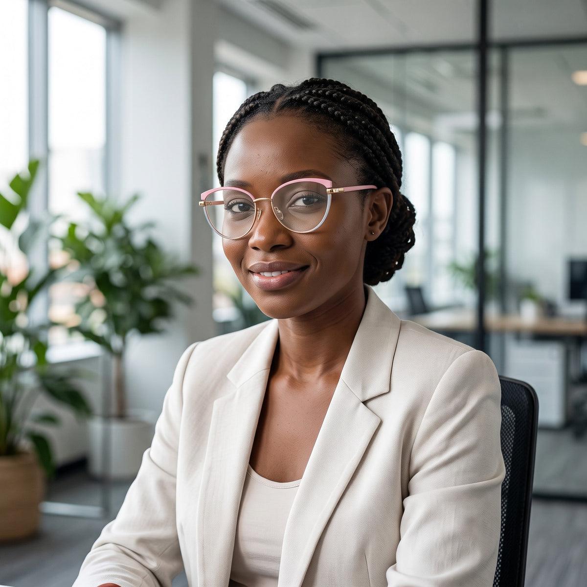 Lunettes browline rose et doré (femme) – portées par un mannequin (vue B)