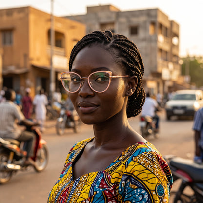 Lunettes œil de chat rose et doré (femme) – portées par un mannequin (vue A)