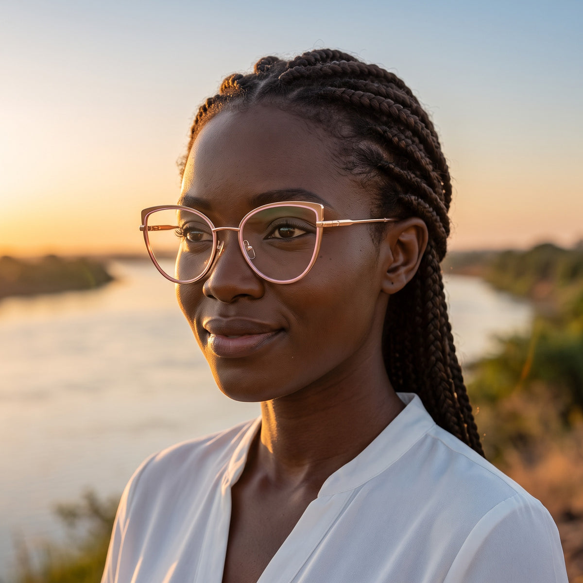 Lunettes œil de chat rose et doré (femme) – portées par un mannequin (vue B)