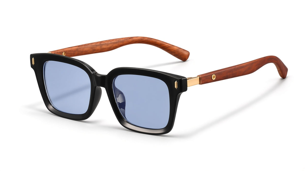 Lunettes carrées noir et bois — vue 3/4