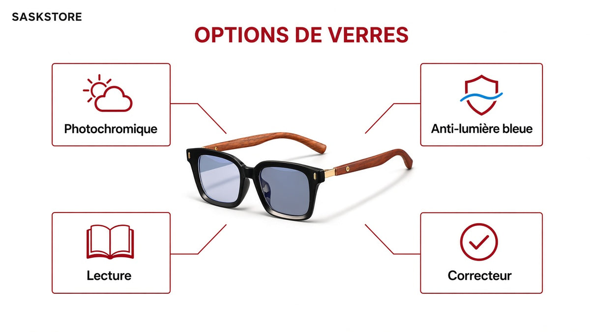 Options de verres : photochromique, anti-bleu, lecture, correcteur