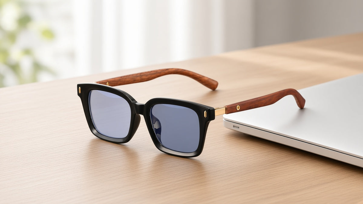 Lunettes noir et bois sur bureau à côté d’un ordinateur portable