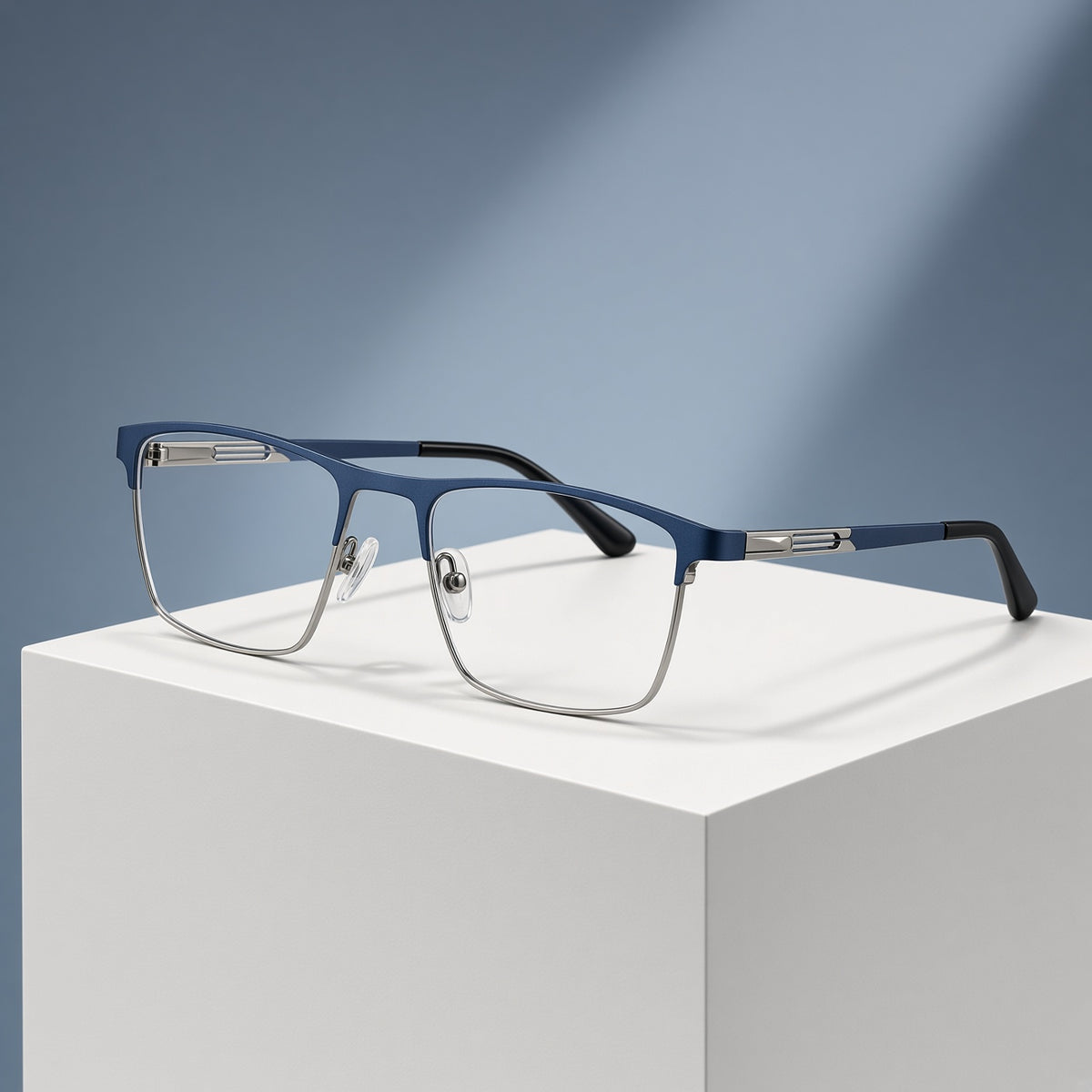 Lunettes browline métal bleu marine et argent – vue 1