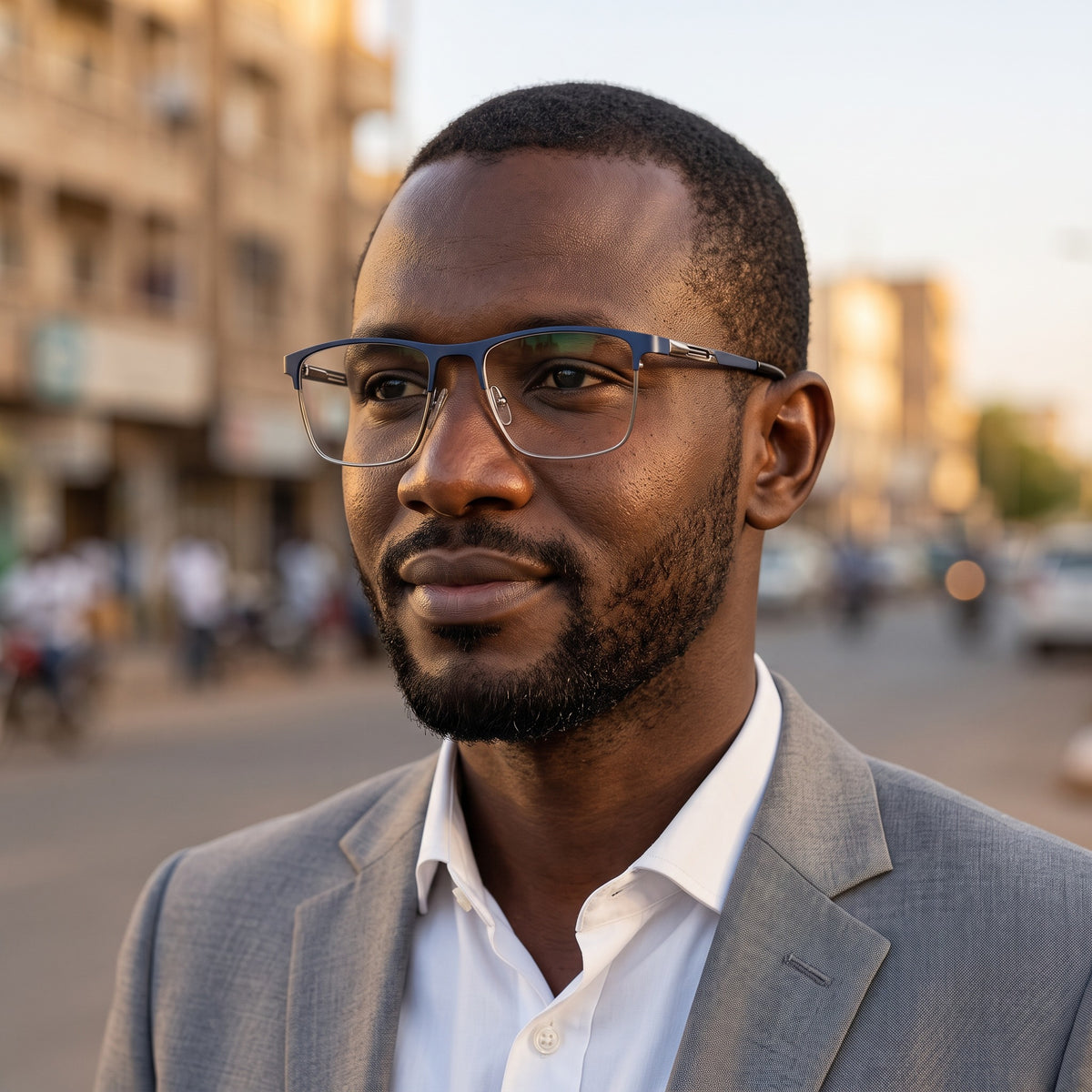 Lunettes browline métal bleu marine et argent – portées par un mannequin (vue A)