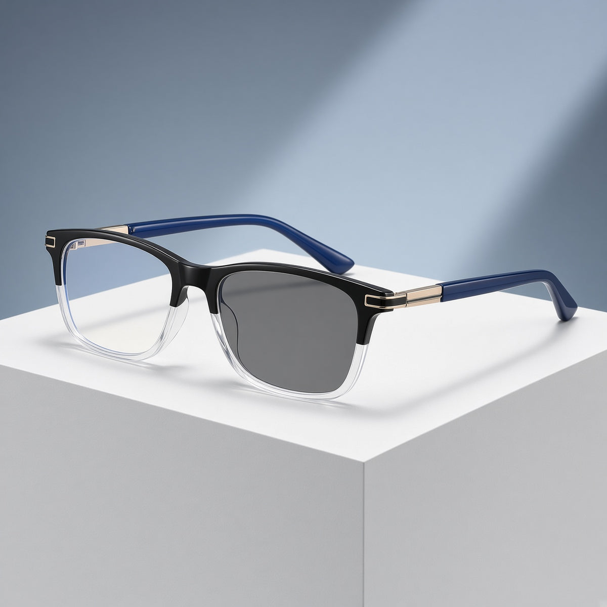 Lunettes bicolores noir et transparent, branches bleu marine – vue 1