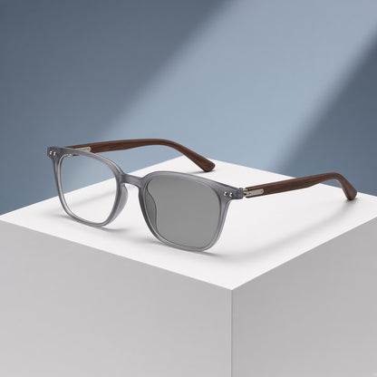 Lunettes rectangulaires gris translucide, branches effet bois – vue 1