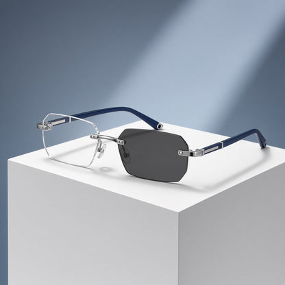 Lunettes sans monture à pans coupés, pont argent, branches bleu marine – vue 1